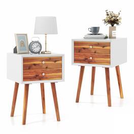 Costway - Wooden Nightstand Mid-Century End Side Table Bedroom W/2 Storage Drawers - White,Brown