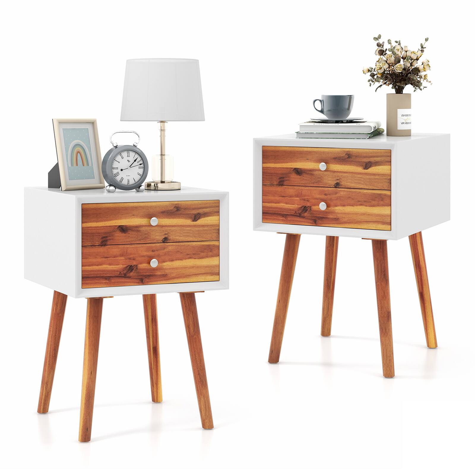 Front. Costway - Costway 2PCS 2-drawer Nightstand Multifunctional Bedside Storage Table Wooden Bedroom - White,Brown.