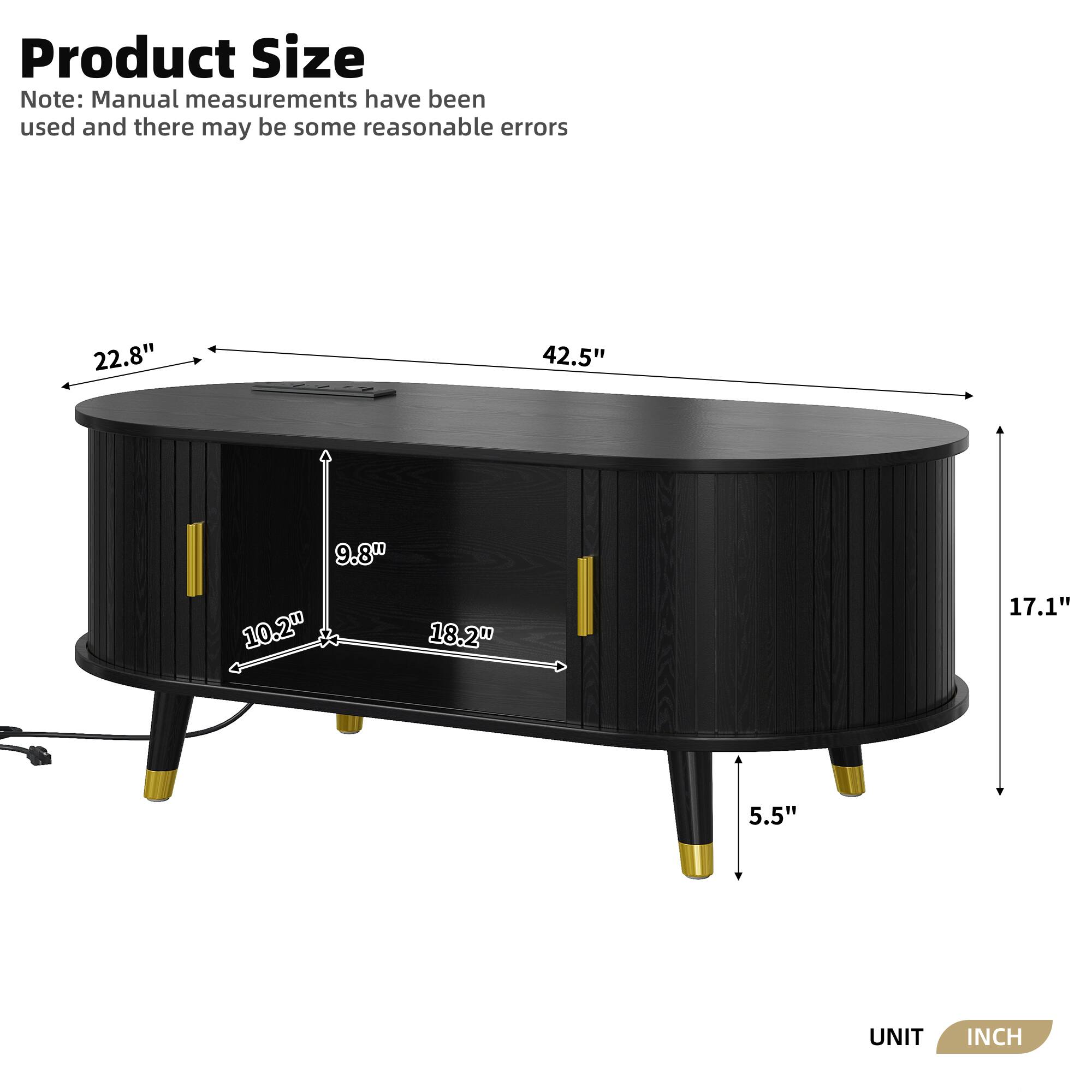 Product Size  
Note: Manual measurements have been used and there may be some reasonable errors  

- Diameter: 42.5"  
- Height: 17.1"  
- Depth: 22.8"  
- Drawer Height: 9.8"  
- Drawer Width: 18.2"  
- Drawer Pull Height: 10.2"  
- Leg Height: 5.5"  

UNIT: INCH