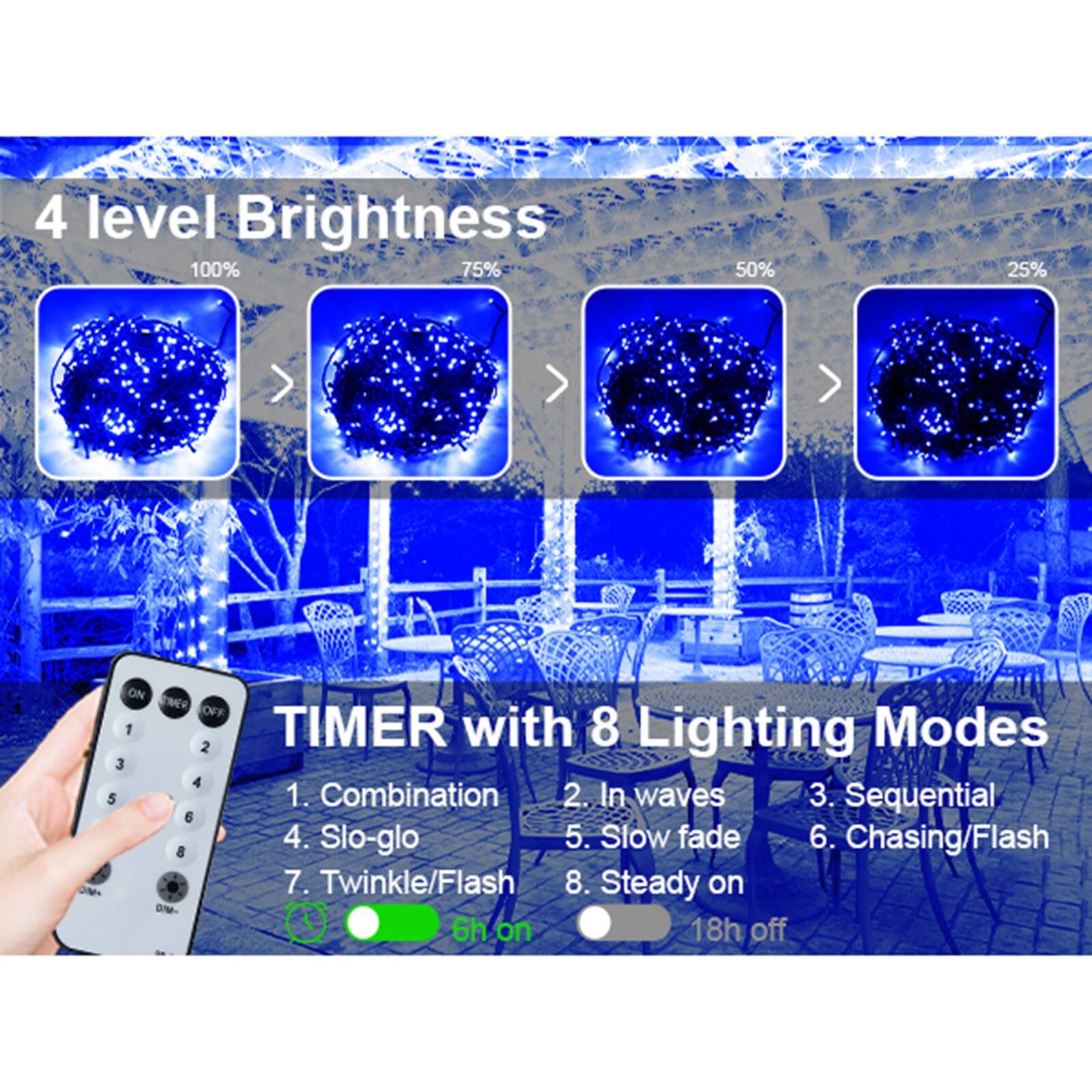 4 level Brightness  
100%  
75%  
50%  
25%  

TIMER with 8 Lighting Modes  
1. Combination  
2. In waves  
3. Sequential  
4. Slo-glo  
5. Slow fade  
6. Chasing/Flash  
7. Twinkle/Flash  
8. Steady on  

6h on  
18h off