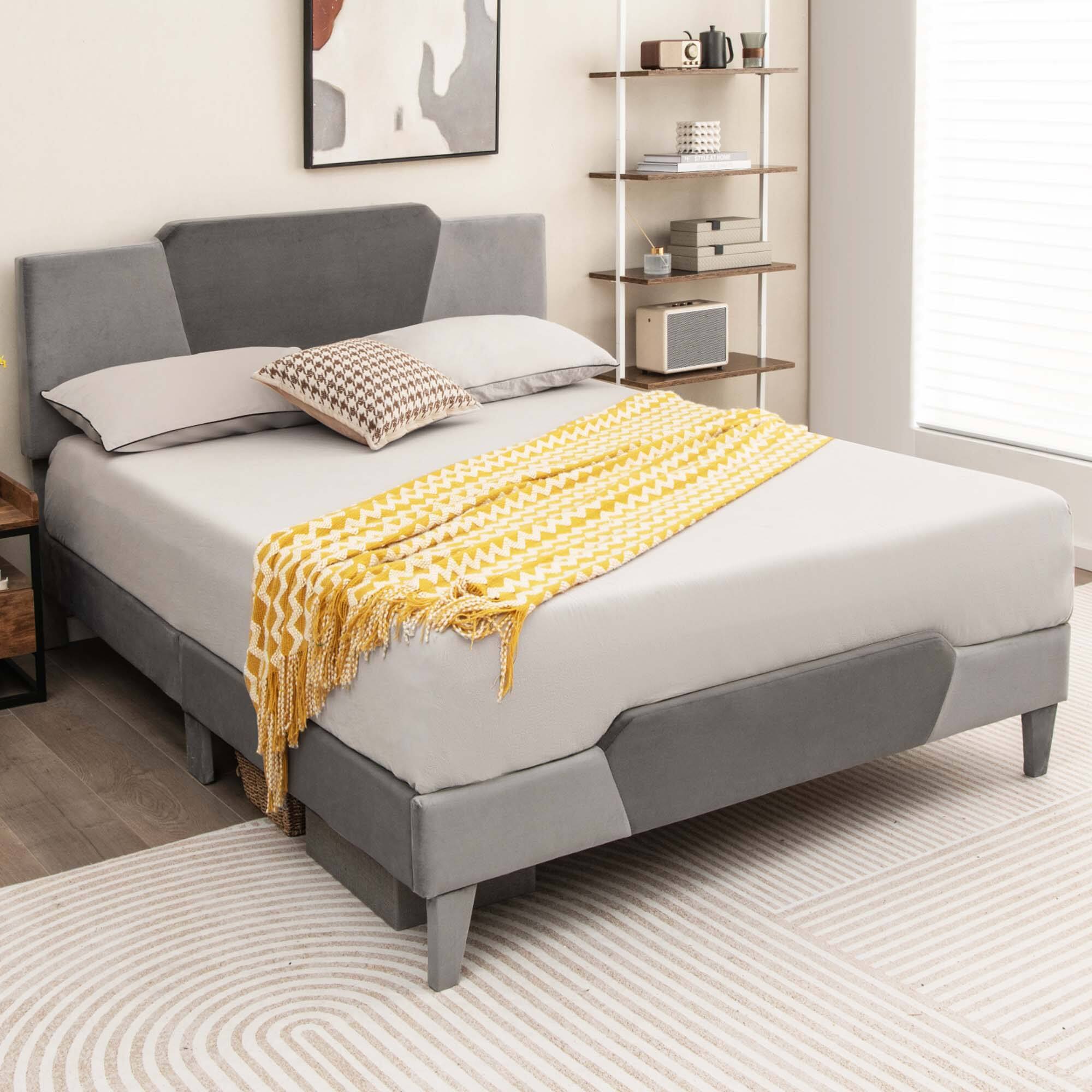 Alt View 10. Costway - Costway Queen Size Upholstered Platform Bed Frame Velvet Headboard Mattress Foundation - Gray.