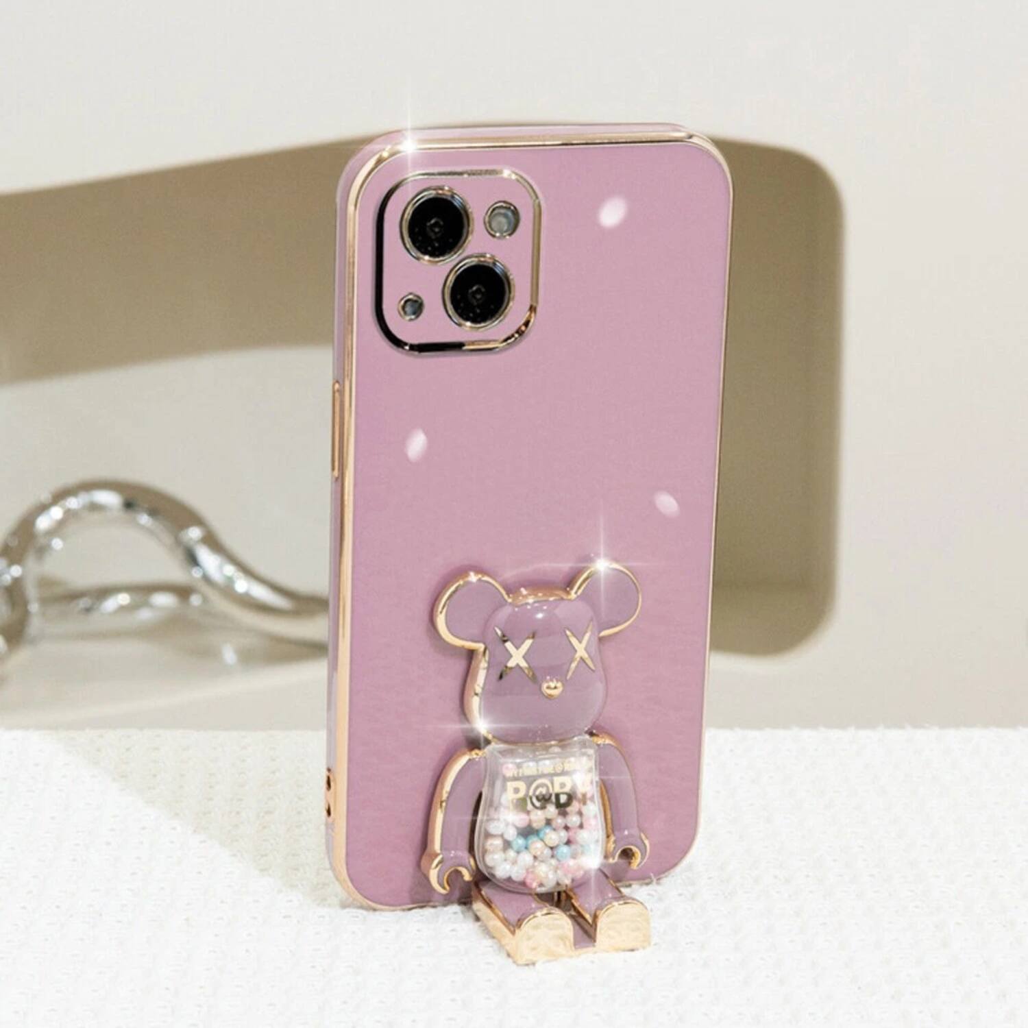 Left. Stock Preferred - iPhone 14 Cute Candy Bear Stand Shockproof Case – TPU Protective Cover - Purple.