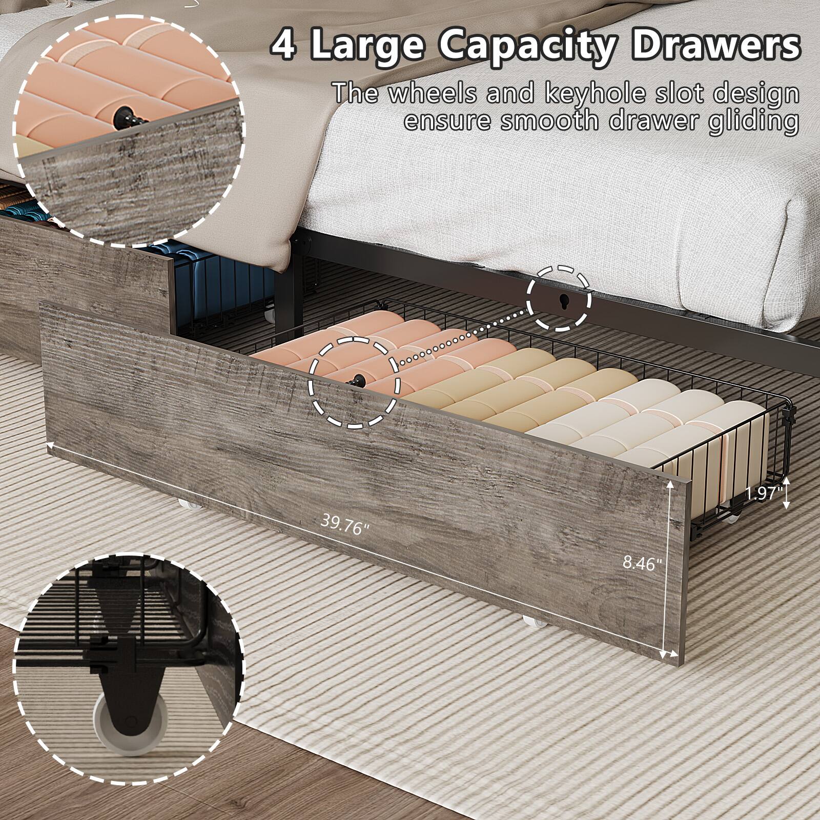 4 Large Capacity Drawers  
The wheels and keyhole slot design ensure smooth drawer gliding  
39.76" x 8.46" x 1.97"