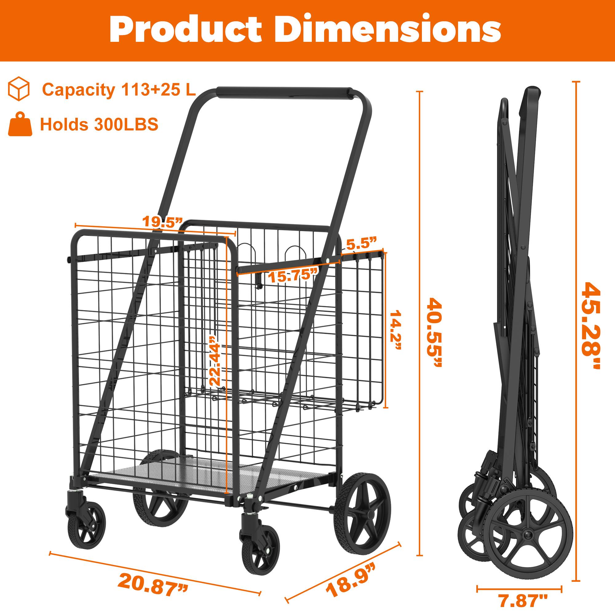 Product Dimensions

- Capacity: 113+25 L
- Holds: 300LBS

Dimensions:
- 19.5"
- 15.75"
- 5.5"
- 22.44"
- 14.2"
- 40.55"
- 20.87"
- 18.9"
- 7.87"
- 45.28"