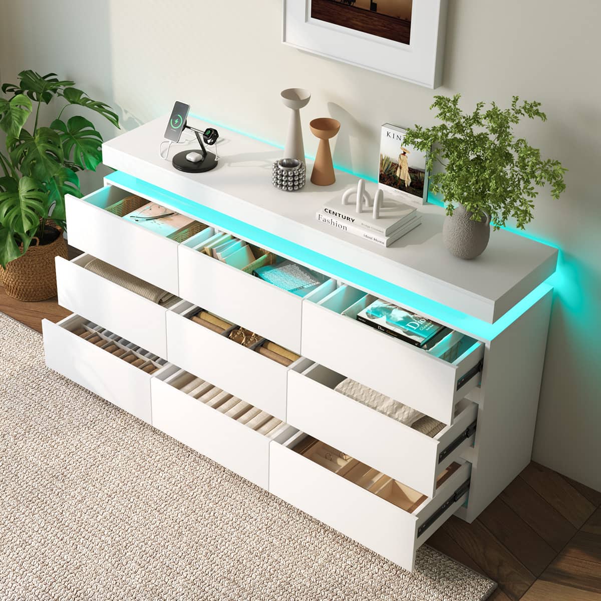 Dyonery - Modern nine-drawer design, layered storage, with light mode, color switchable, charging function - White