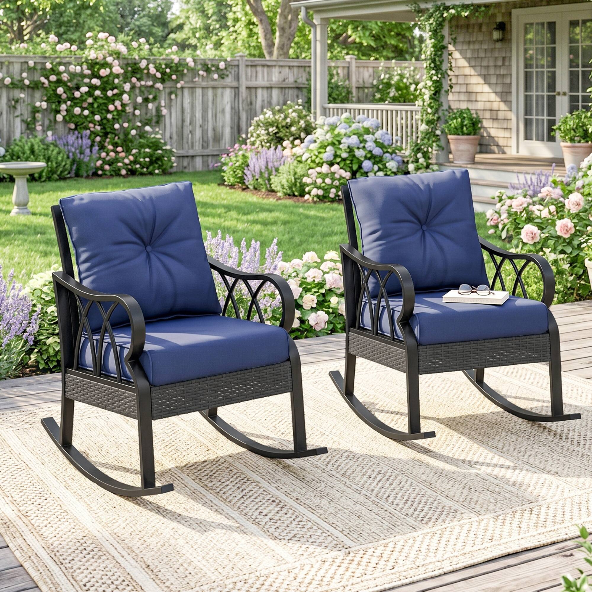 Alt View 1. Outsunny - Piece Outdoor Wicker Rocking Chairs Rattan Porch Rockers with Cushions, Aluminum Frame for Garden - Blue.