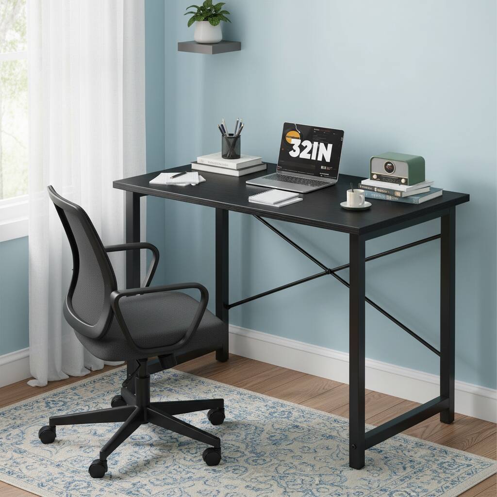 Left. AOITUN - 47-Inch Small Computer Desk for Home Office, Black and Wood Design, Compact Desk - Black.
