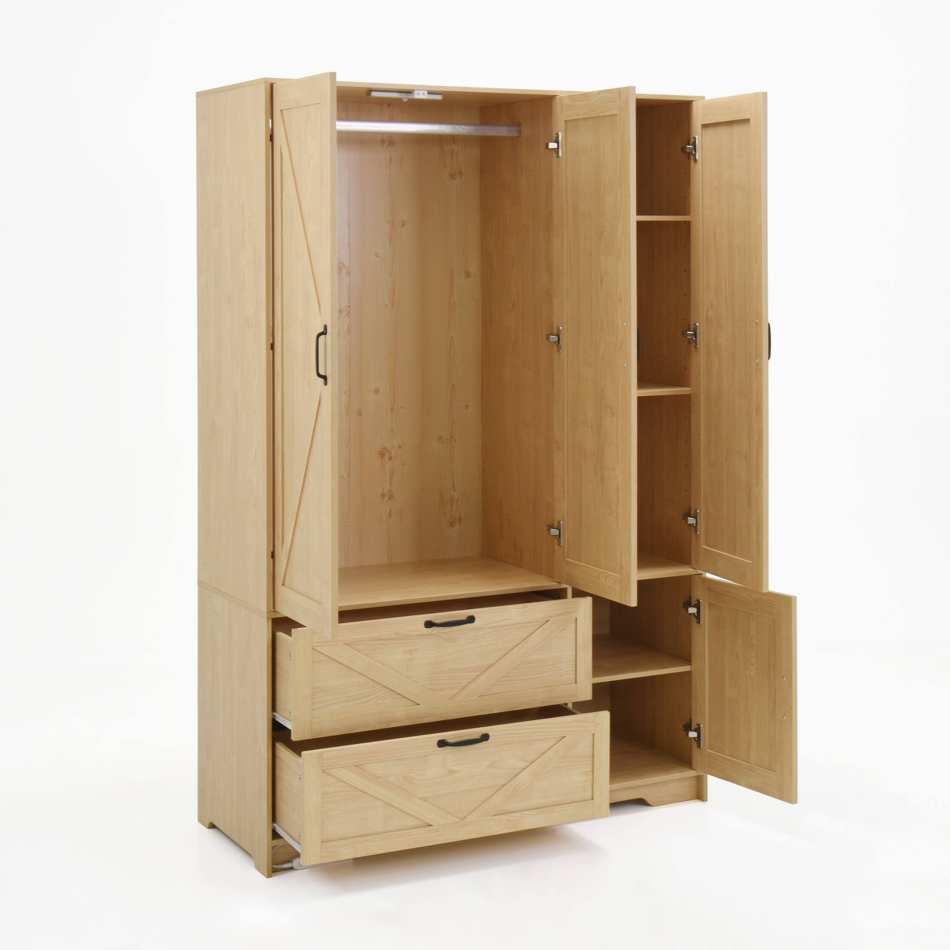Alt View 6. MERAVOM - Wardrobe Closet with Mirror, 4 Doors and 2 Drawers, Wooden Wardrobe Storage Cabinet with Hanging Rod, Adjustable Shelves - Natural.