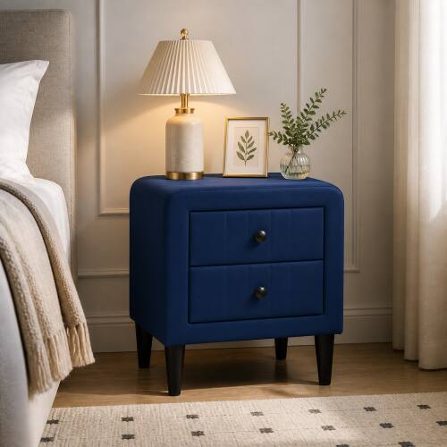 Left. LUCKY ONE - 20" Assembled Velvet Nightstand 2-Drawer Navy Blue Tapered Legs - Navy Blue.