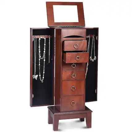 Front. SlickBlue - Jewelry Armoire Storage Chest – Medium Wood Cabinet with Mirror - Walnut.