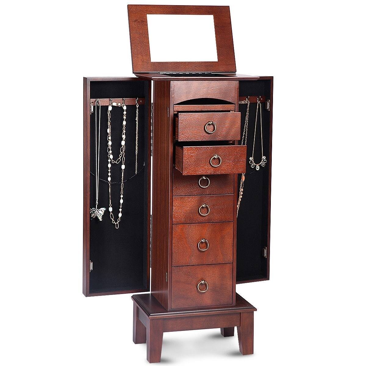 Front. SlickBlue - Jewelry Armoire Storage Chest – Medium Wood Cabinet with Mirror - Walnut.