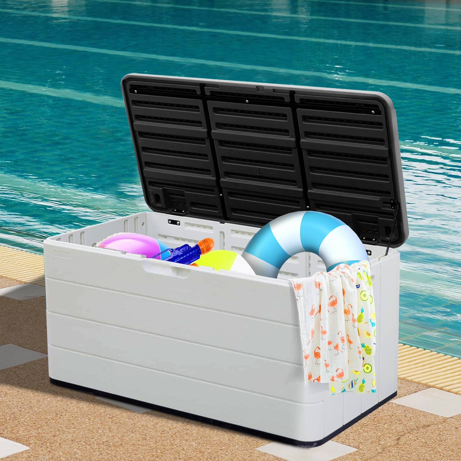 Back. Decksplore - 110 Gallon Deck Box Storage Box, Round Patio Table, Waterproof Outdoor Storage Box for Towels, Patio Furniture - White.