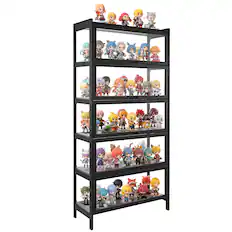 Front. VEVOR - Display Cabinet with Acrylic Doors, 68 in Tall 5-Tier Curio Cabinet, Natural Wooden Fame, Collectibles Toy - Black.
