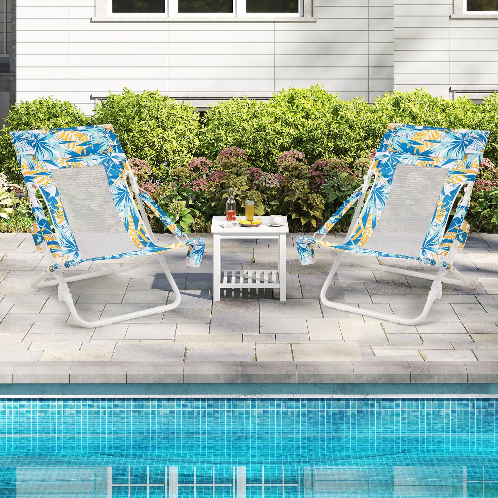 Alt View 4. Costway - Costway Folding Low Beach Chair, Set of 2 with Padded Head Pillow, Mesh Back, Cup Holder - Blue.