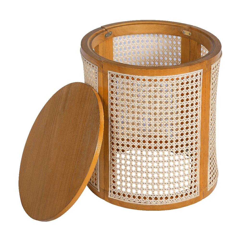 Alt View 1. Loheer - Loheer 15.7 Inch Round End Table Hollow Woven Side Table Rubber Wood Nightstand Rattan Tea Desk Ochre - Ochre.