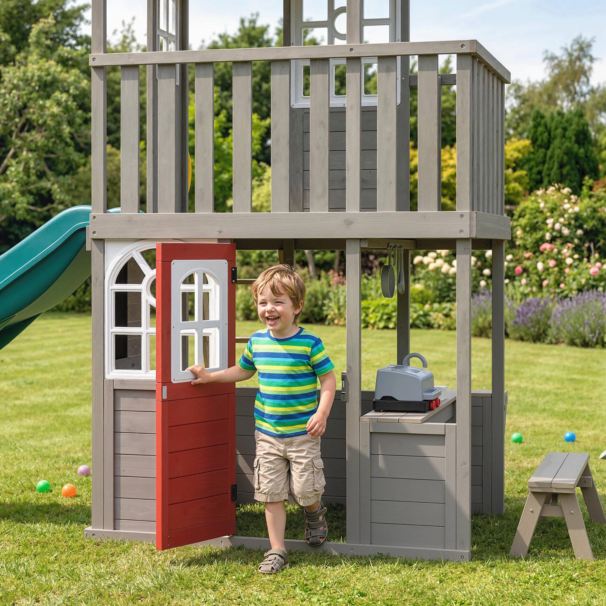 Alt View 8. Qaba - Outdoor Playhouse, Wooden Kids Playhouse with Slide, Bench, BBQ Play Kitchen, Ladder - Brown.