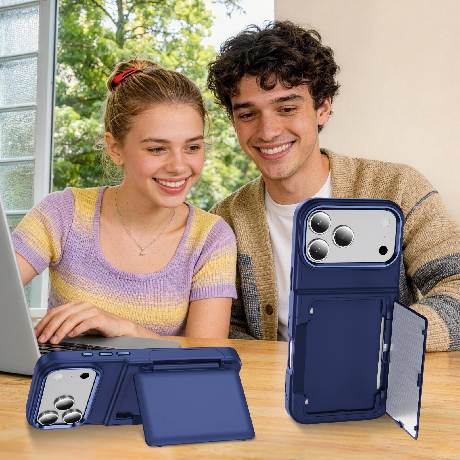 Alt View 5. Dteck - RFID Wallet Case for Apple iPhone 17 Pro Max, Shockproof Drop Protection Cover with Hidden Card Slot and Kickstand - Blue.