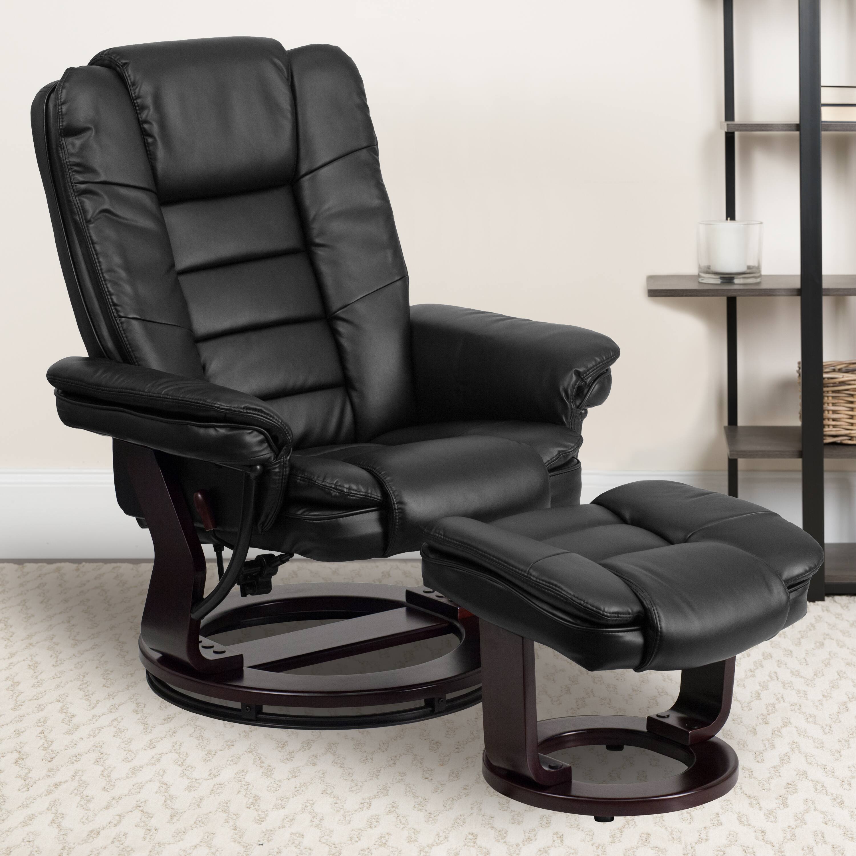 Alt View 12. Alamont Home - Bali Black LeatherSoft Multi-Position Recliner &Ottoman w/Swivel Mahogany Wood Base - Black.