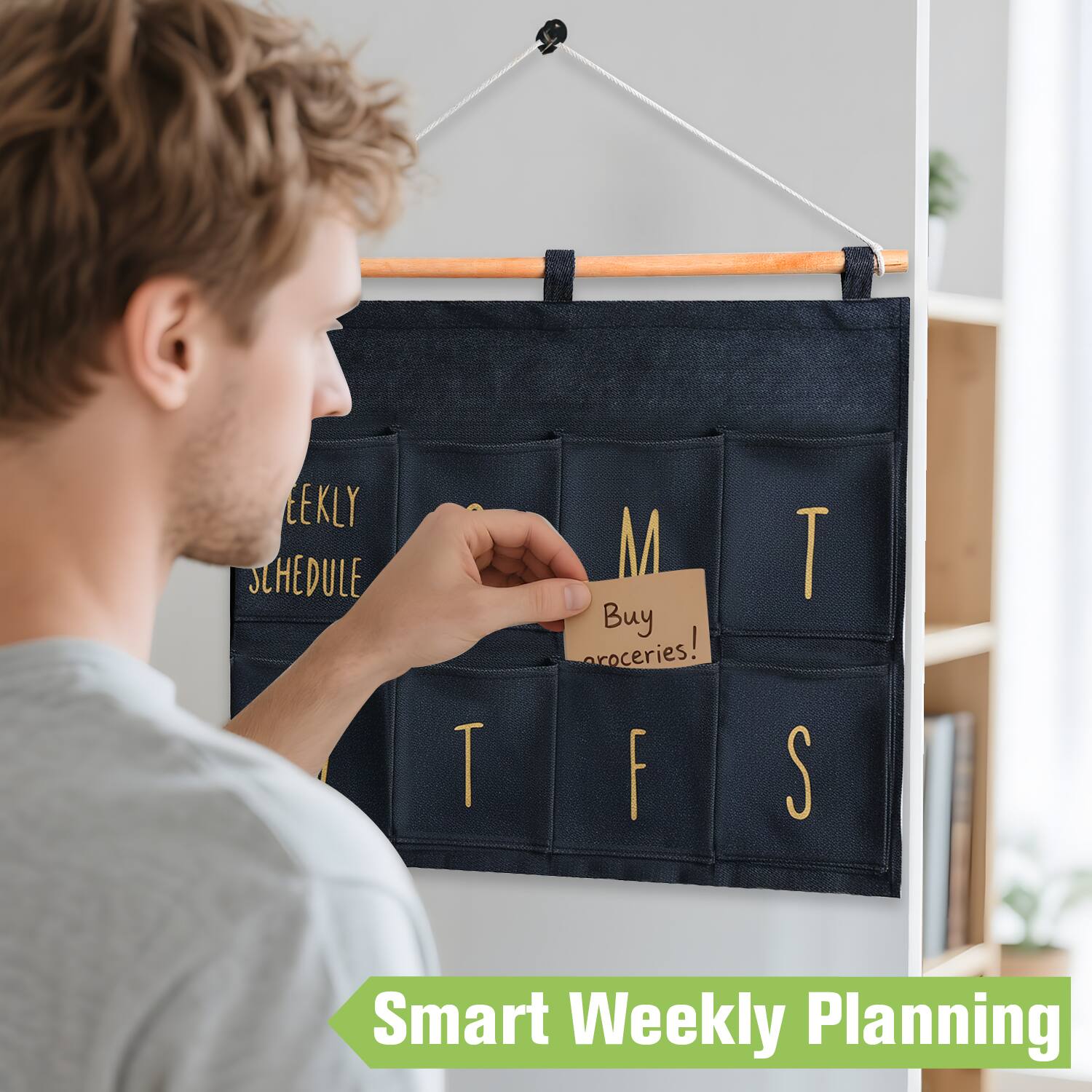 Sure, here is the corrected and grouped text:

---

**WEEKLY SCHEDULE**

- M
- T
- W
- T
- F
- S

**Buy groceries!**

---

**Smart Weekly Planning**