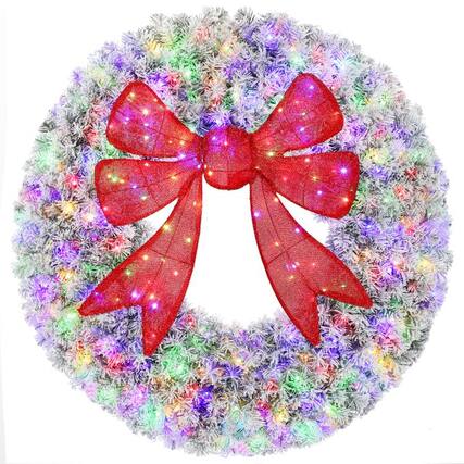 Front. PULUZ - 48in Flocked Pre-Lit Christmas Wreath with 3D Red Bow, 11 Lighting Modes, Front Door Christmas Wreath with Remote - Green.