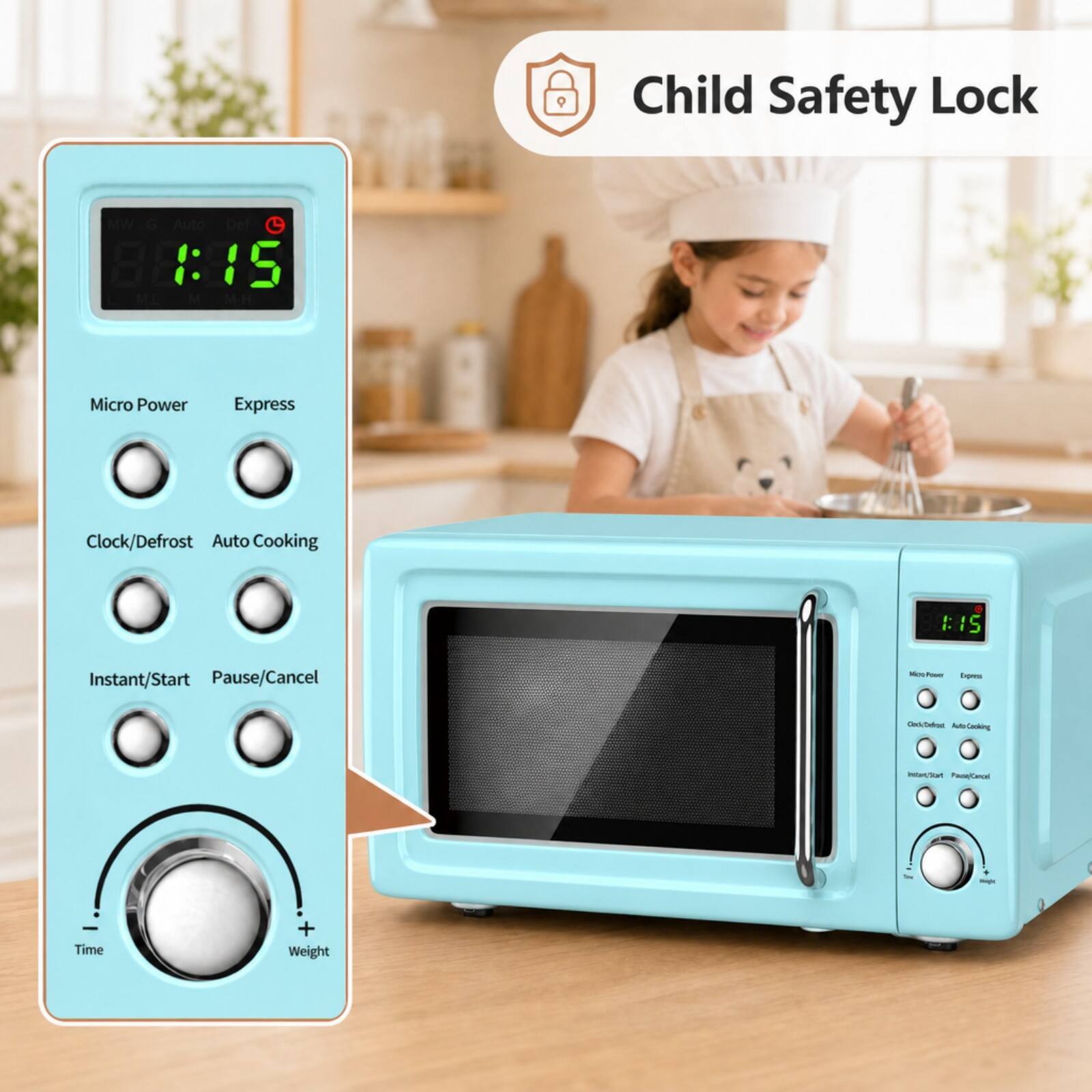Child Safety Lock NW G Auto Del :: I 15 ML M M-H Micro Power Express Clock/Defrost Auto Cooking 1 IS Instant/Start Pause/Cancel - - - n ent/tan PoeCancel Time + Weight