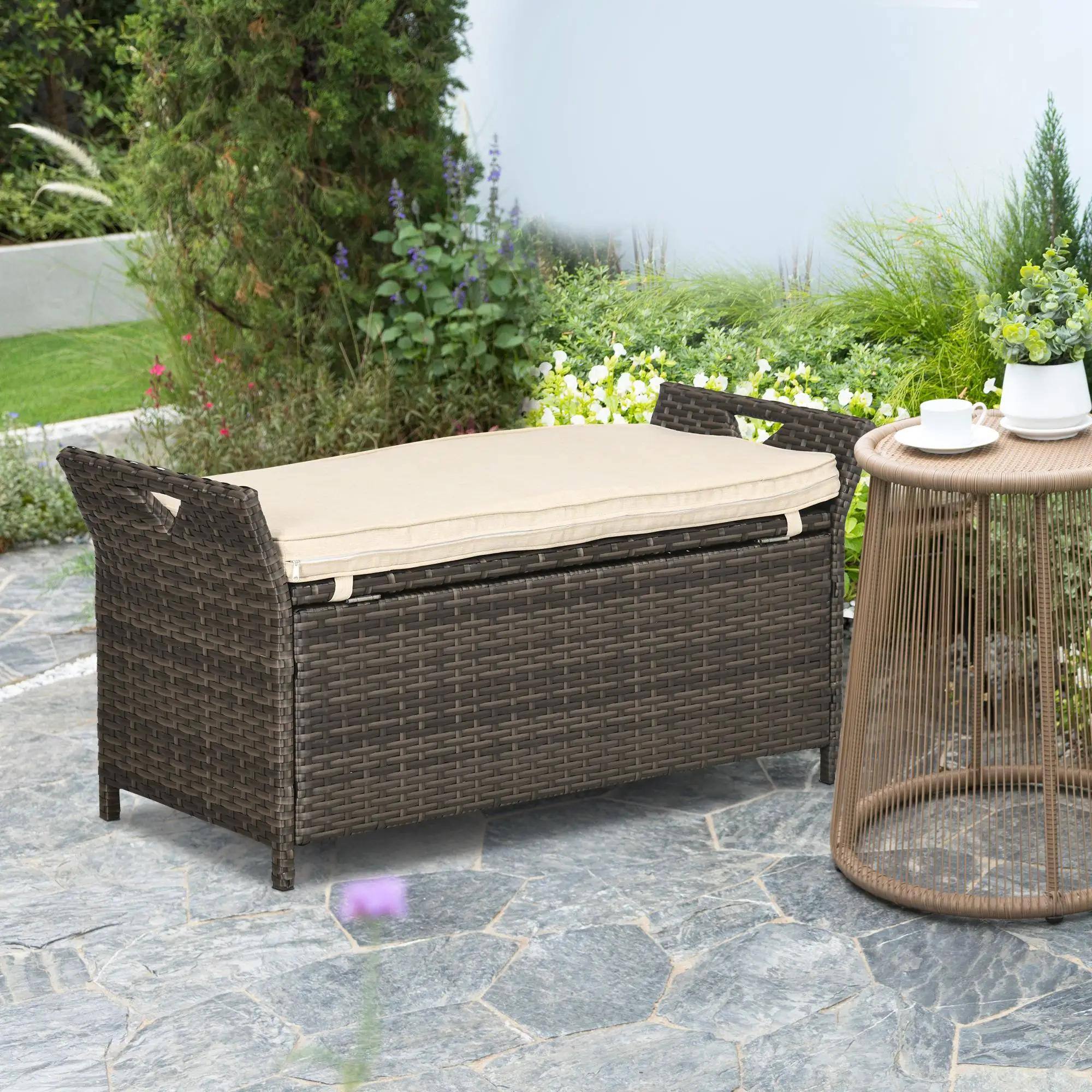 Left. Resenkos - Resenkos 29 Gallon Wicker Bench, Outdoor PE Rattan Furniture, 2-in-1 Storage Box with Handles & Cushion, Cream White - Cream White.