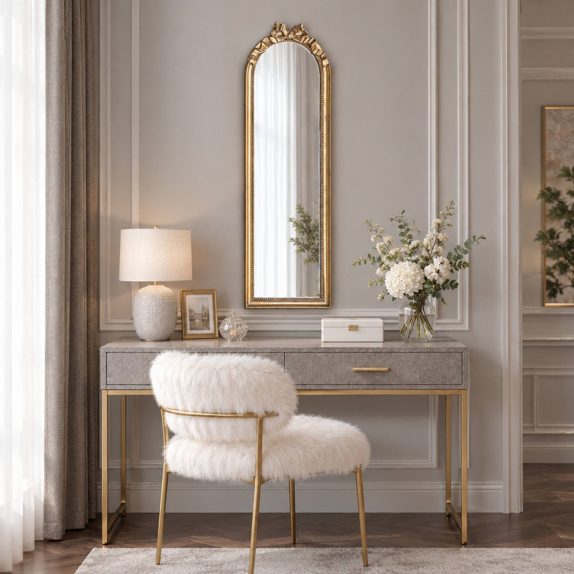 Alt View 2. RYHNUYNE - Arched Full Length Mirror, 15.8 x 48.8 in, Gold Finish, Scrollwork Crown, Resin and MDF Frame, Wall Mounted - Gold.