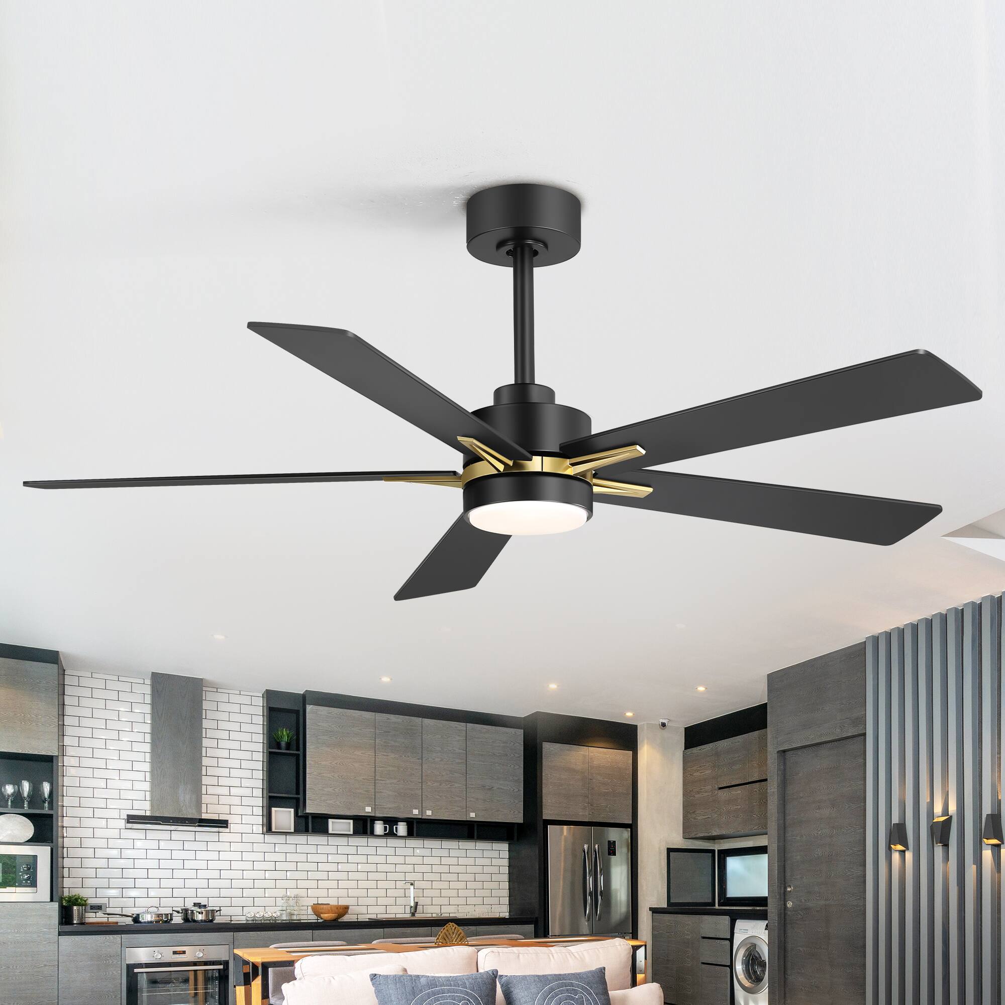 Left. Breezary - 52-Inch Indoor LED Ceiling Fan with 5 Plywood Blades, DC Motor, 5/10'' Downrods, Remote Control, Reversible, for Bedroom - Gold and Black.