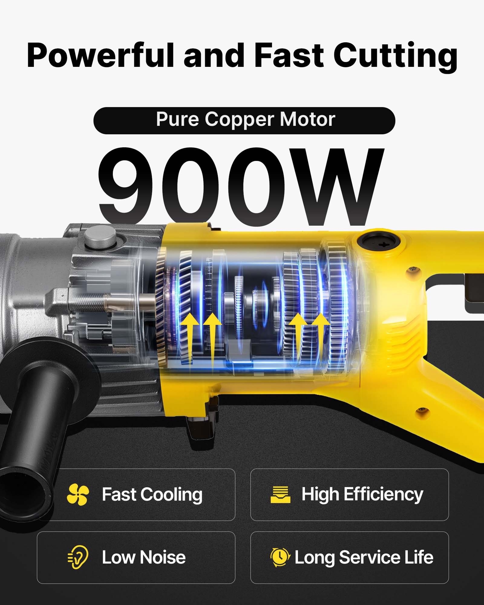 Powerful and Fast Cutting  
Pure Copper Motor  
900W  
Fast Cooling  
High Efficiency  
Low Noise  
Long Service Life
