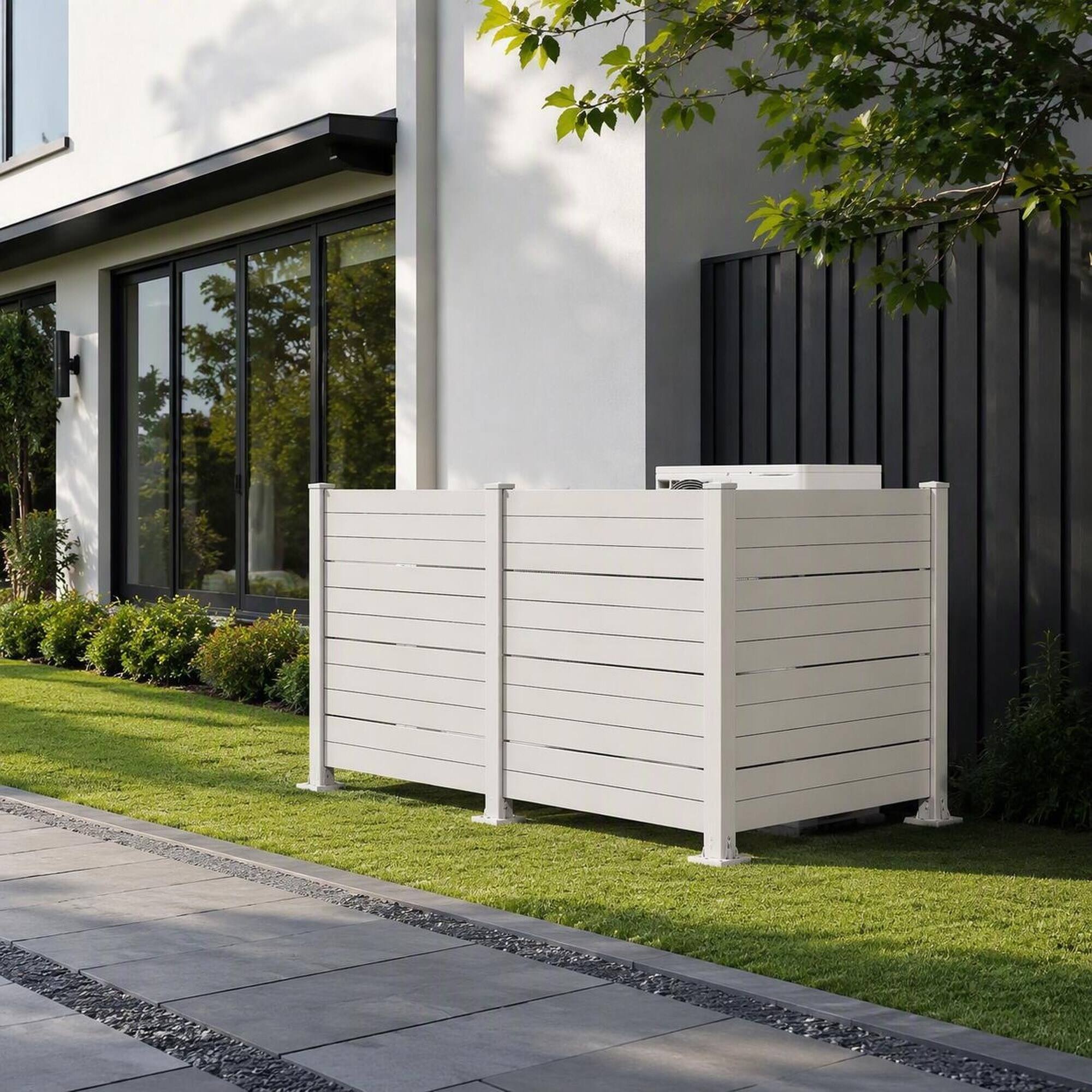 Angle. RYHNUYNE - 50" W x 49" H Outdoor Privacy Screen for Air Conditioner, All-Weather Vinyl Fence with Aluminum Posts, 4 Panels - White.