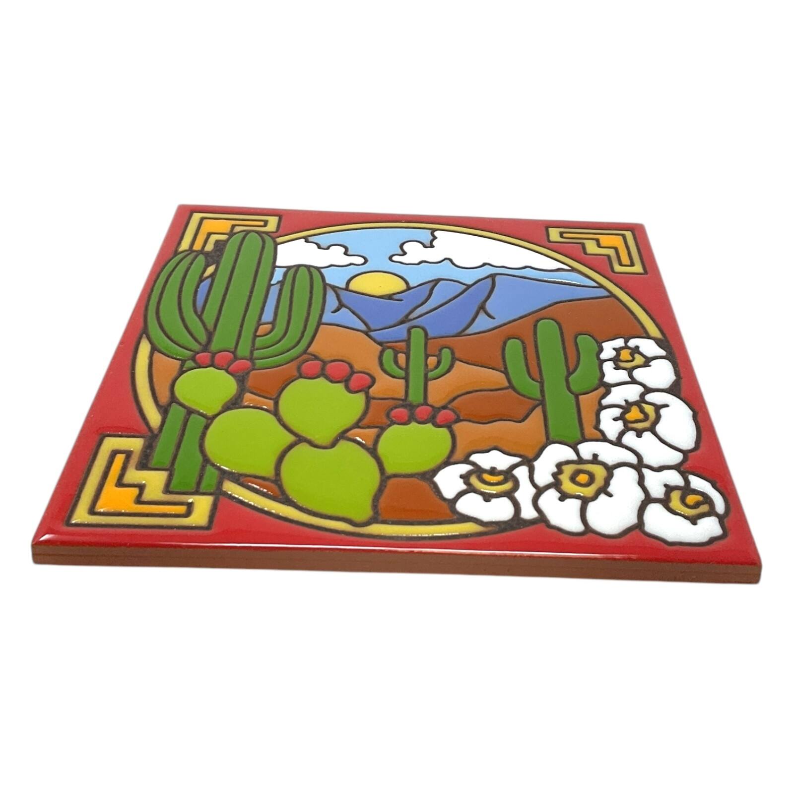 Angle. Earthtones Tile - Earthtones Saguaro Cactus Desert Scene Southwest 6X6 Hand Glazed Decorative Tile or Kitchen Trivet - Multiclor.