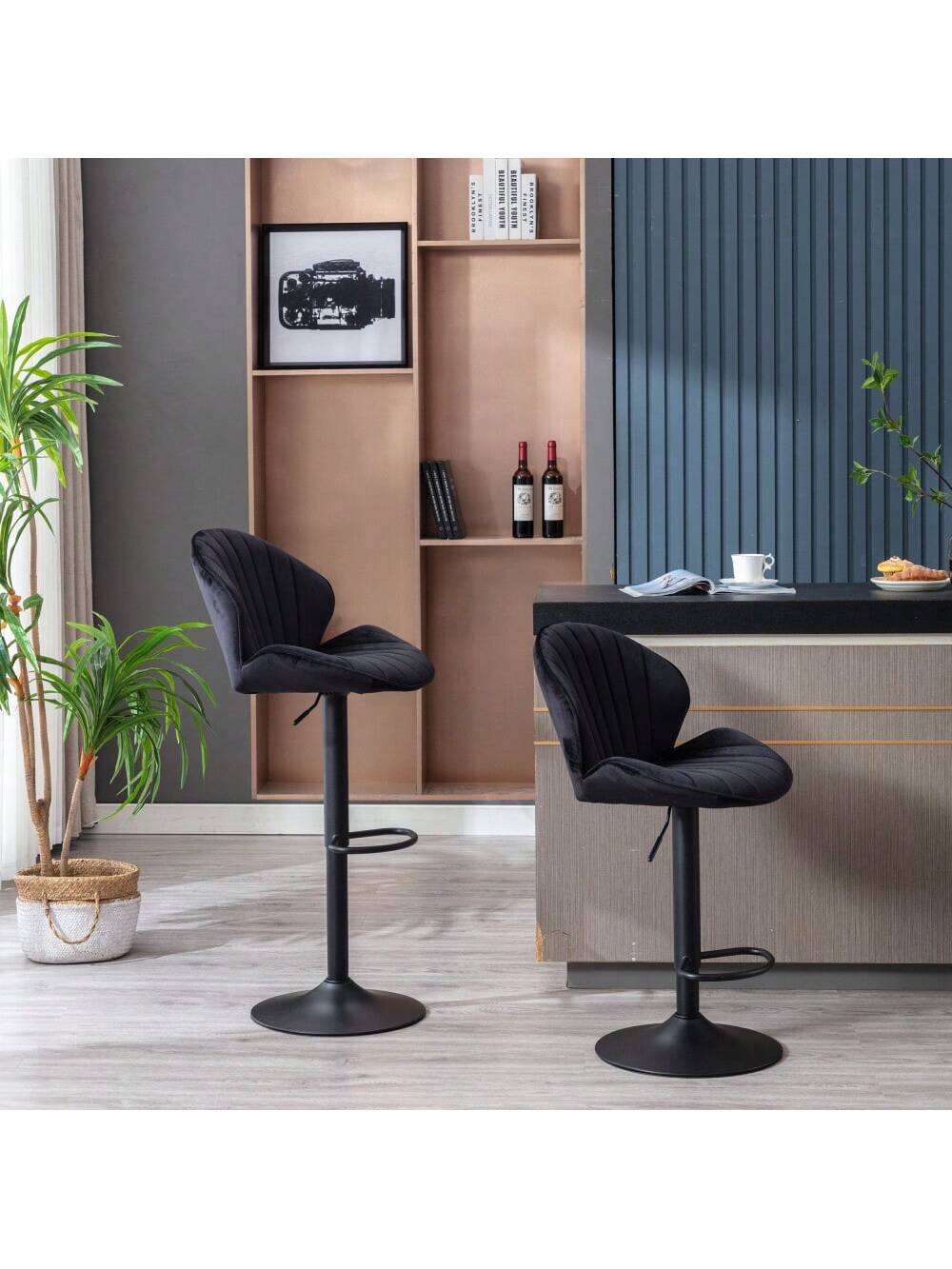 Angle. Trinkets Crazed - Adjustable Swivel Gold Bar Stools Set Of 2, Counter Height With Backs, Velvet Island Chairs For Kitchen Home Decor - Black.