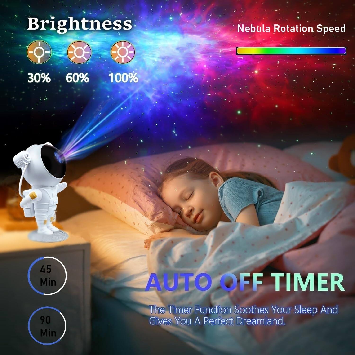 Brightness  
30% 60% 100%  

Nebula Rotation Speed  

AUTO OFF TIMER  
45 Min  
90 Min  

The Timer Function Soothes Your Sleep And Gives You A Perfect Dreamland.