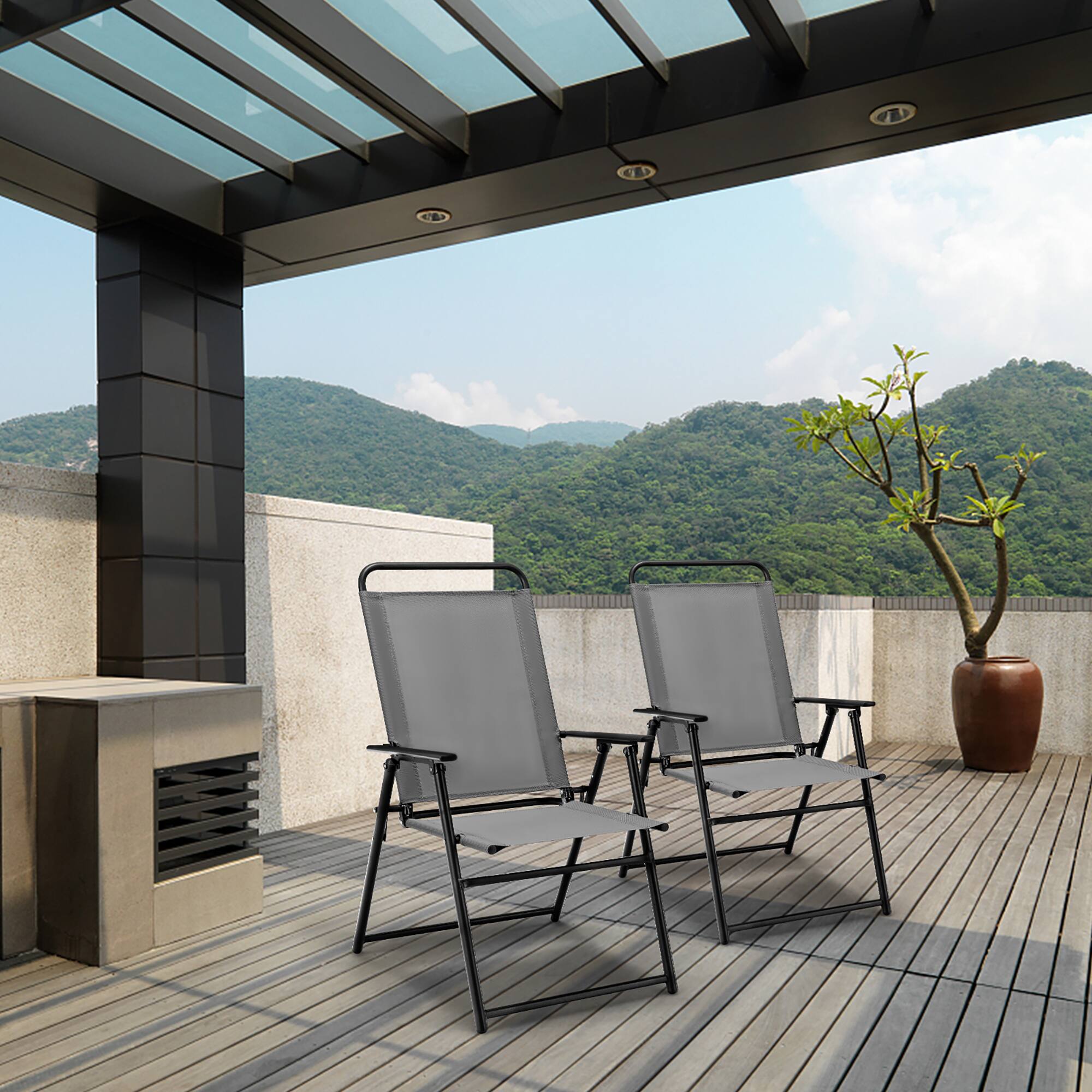 Alt View 1. Gymax - Gymax Set of 4 Folding Sling Chairs Portable chair w/ Dining Armrest Backrest Patio - Grey.