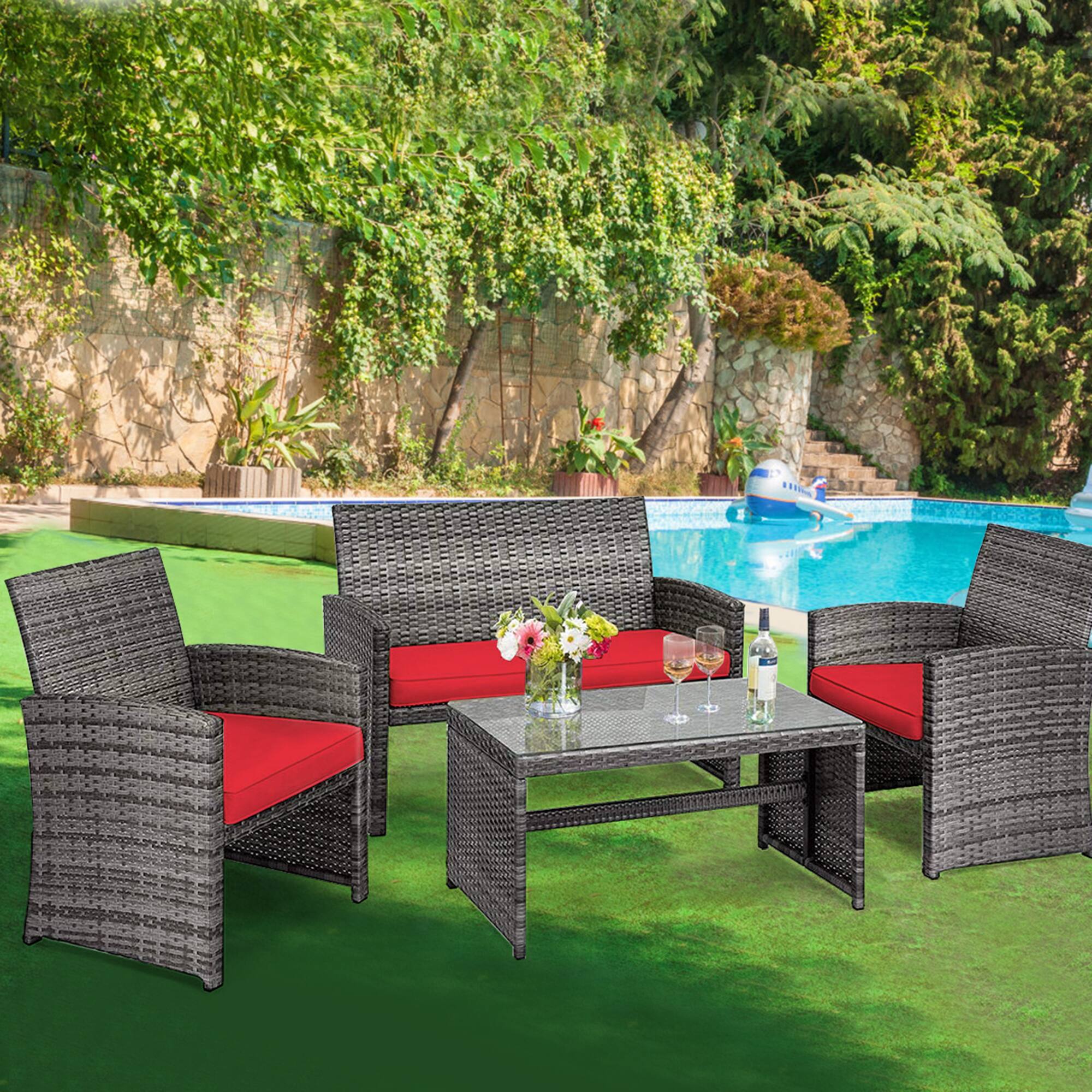 Alt View 2. Gymax - Gymax 8PCS Patio Outdoor Rattan Conversation Furniture Set w/ Red Cushion - Mix Grey.