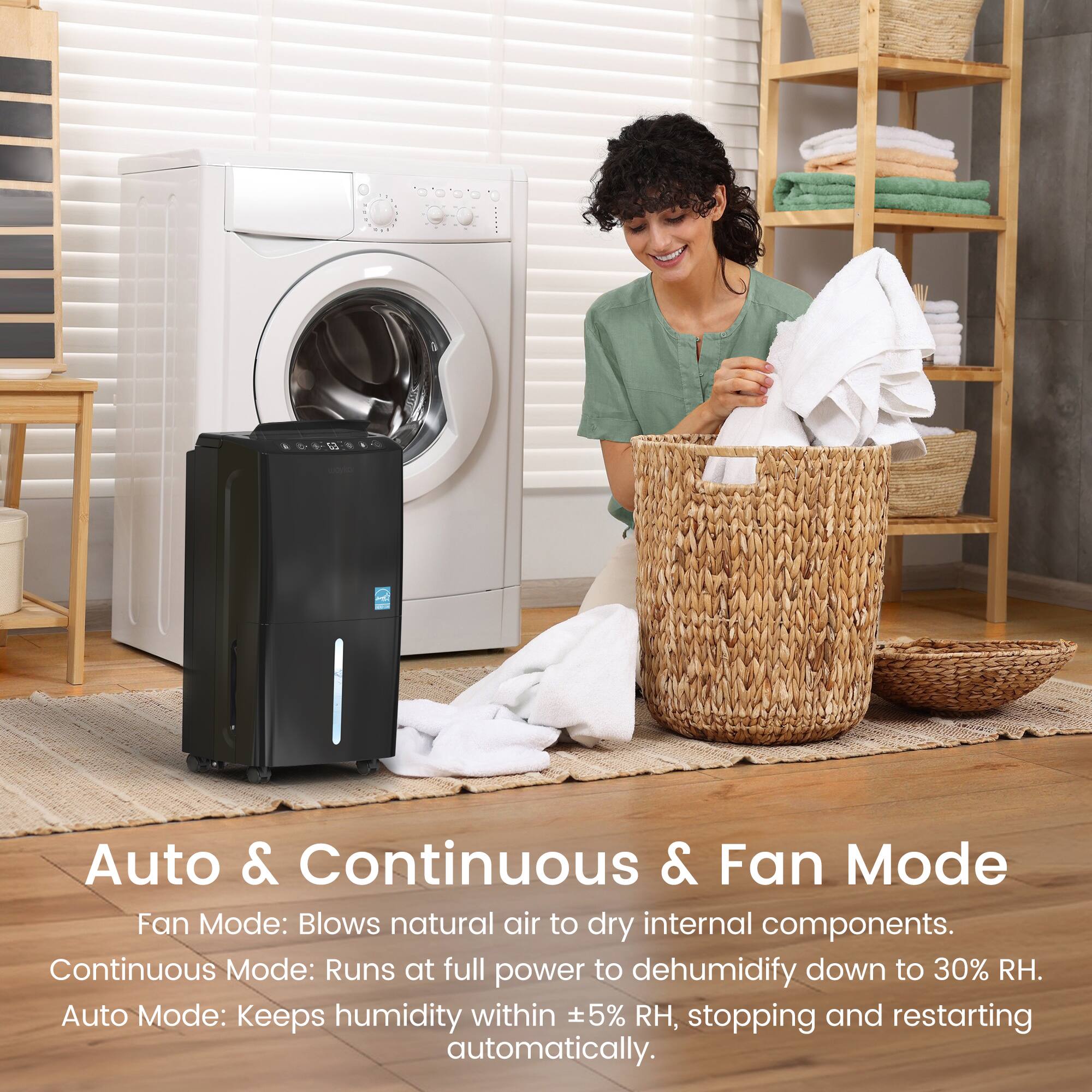 Auto & Continuous & Fan Mode

Fan Mode: Blows natural air to dry internal components.

Continuous Mode: Runs at full power to dehumidify down to 30% RH.

Auto Mode: Keeps humidity within ±5% RH, stopping and restarting automatically.