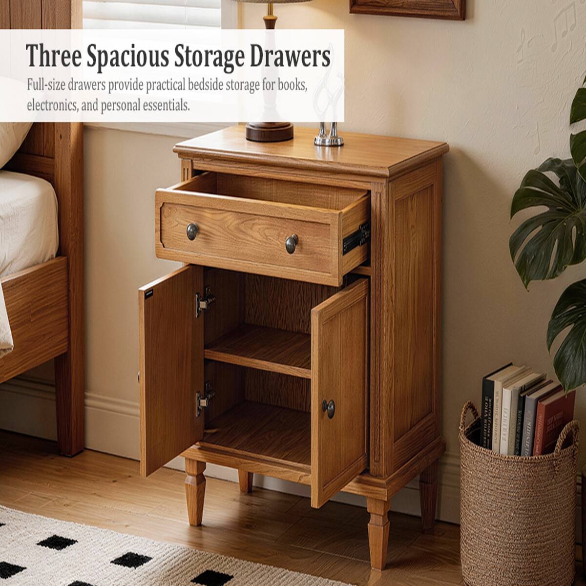 Three Spacious Storage Drawers  
Full-size drawers provide practical bedside storage for books, electronics, and personal essentials.