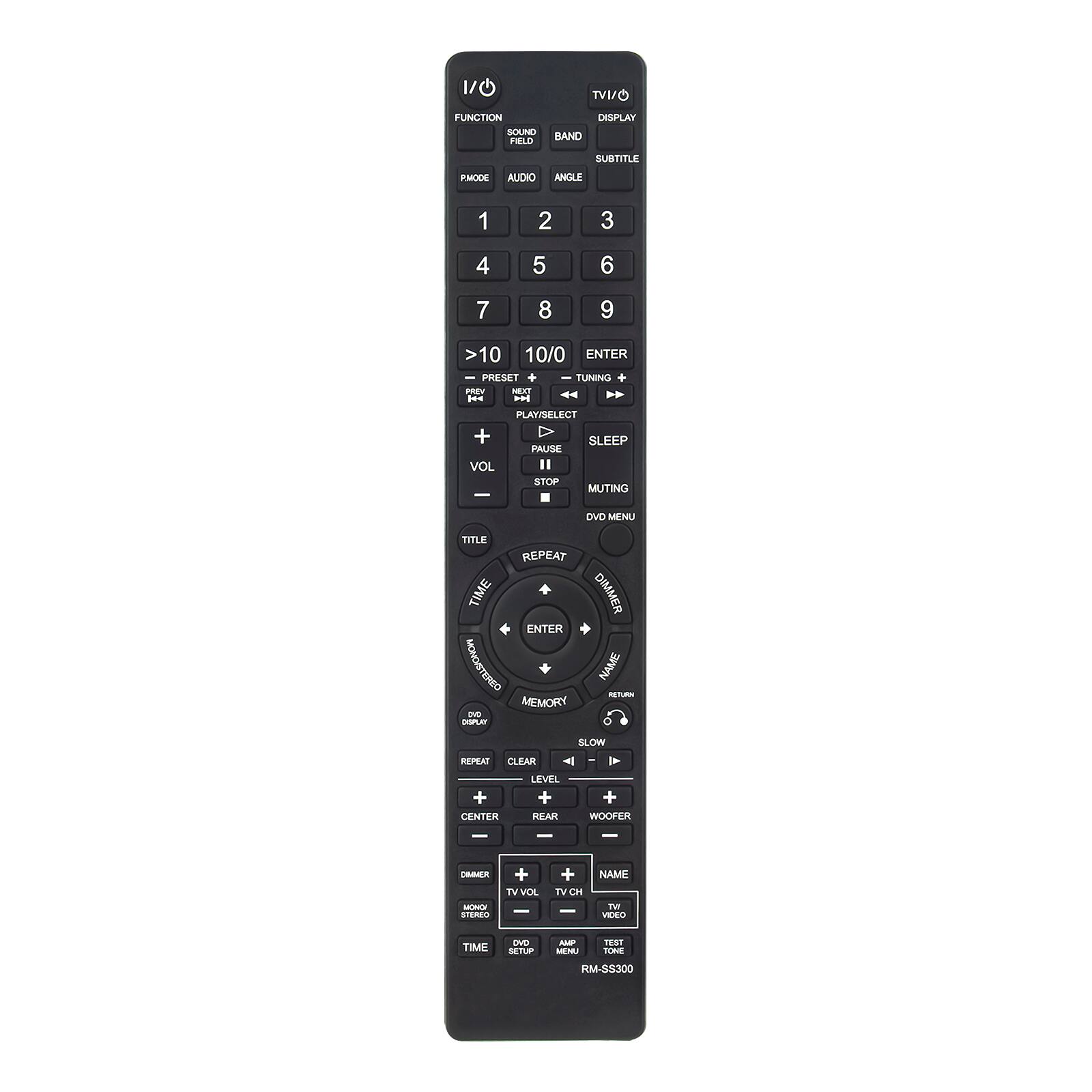 TVI/C
FUNCTION SOUND FIELD
DISPLAY BAND
SUBTITLE
PAKODE AUDIO ANGLE
1
2
3
4
5
6
7
8
9
>10 10/0 ENTER PRESET + TUNING PREV NEXT HA ...
PLAYISELECT + SLEEP PAUSE VOL Il STOP MUTING -
DVD VD MENU TITLE REPEAT TIME DIMMER ENTER MONOSTEREO MEMORY NAME RETURN DVD DIPLAY SLOW  REPEAT CLEAR <I
+ CENTER
LEVEL + REAR
+ WOOFER
DIMMER + + NAME TVVOL TVCH MONO! WT STEREO VIDEO
TIME
DVD SETUP
AMP MENU
TEST TONE
RM-SS300