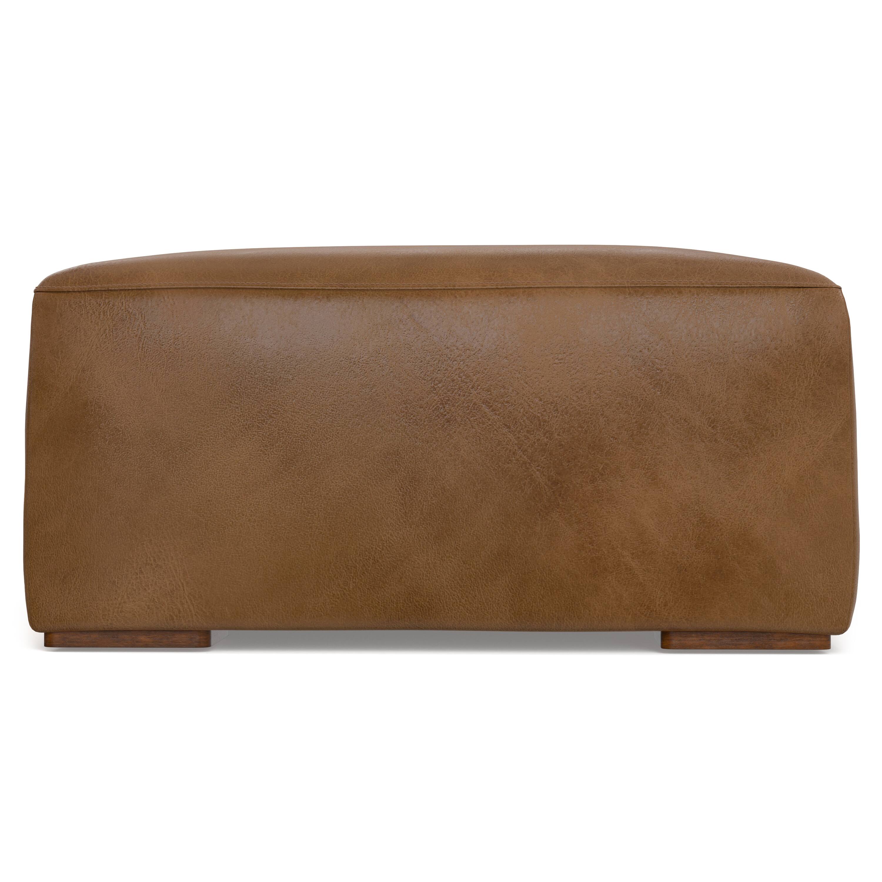 Left. Simpli Home - Rex Ottoman in Genuine Leather - Caramel Brown.