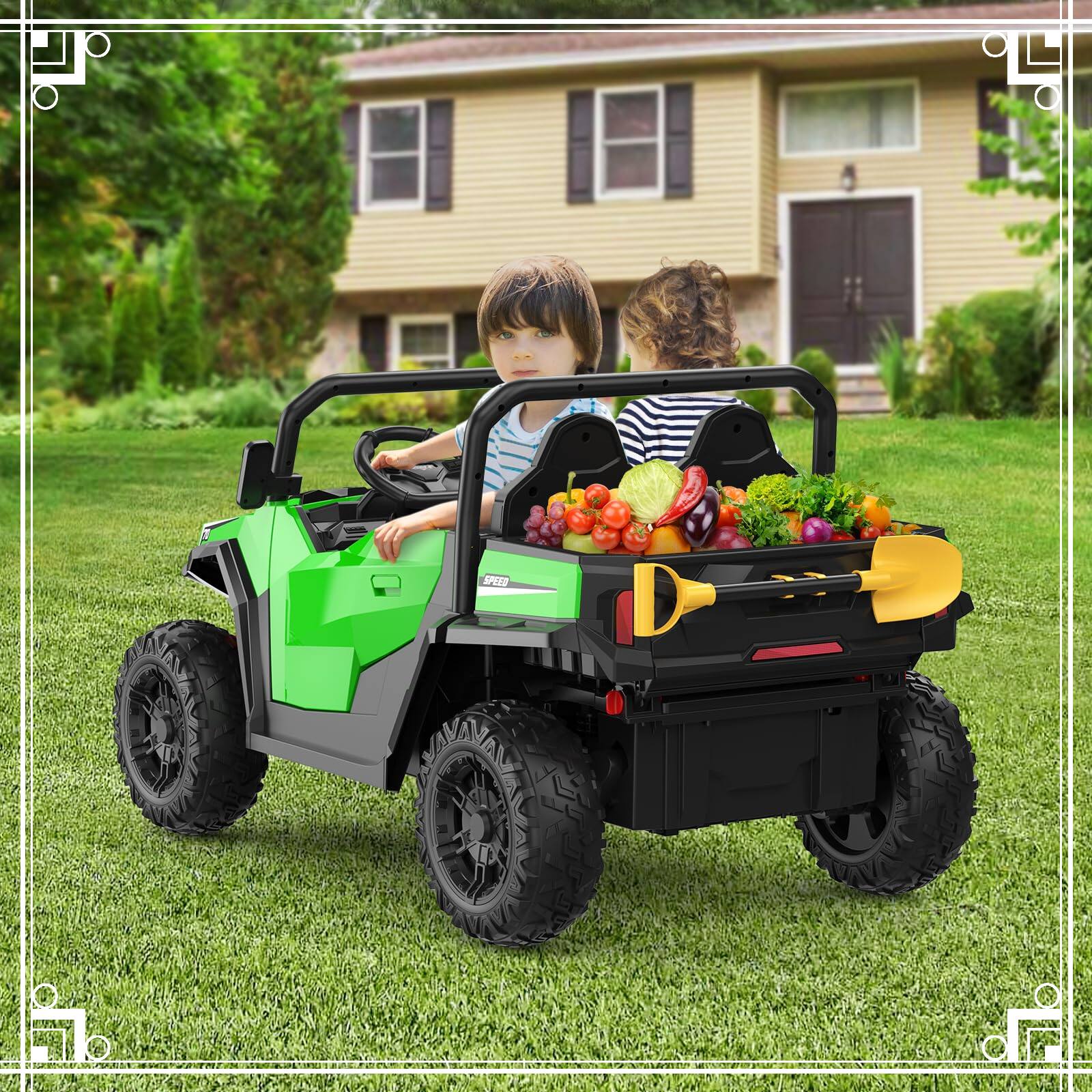Alt View 6. GARVEE - 2-Seater Kids Dump Truck 24V, 4WD, Remote Control, Dump Bed, Shovel - Green.