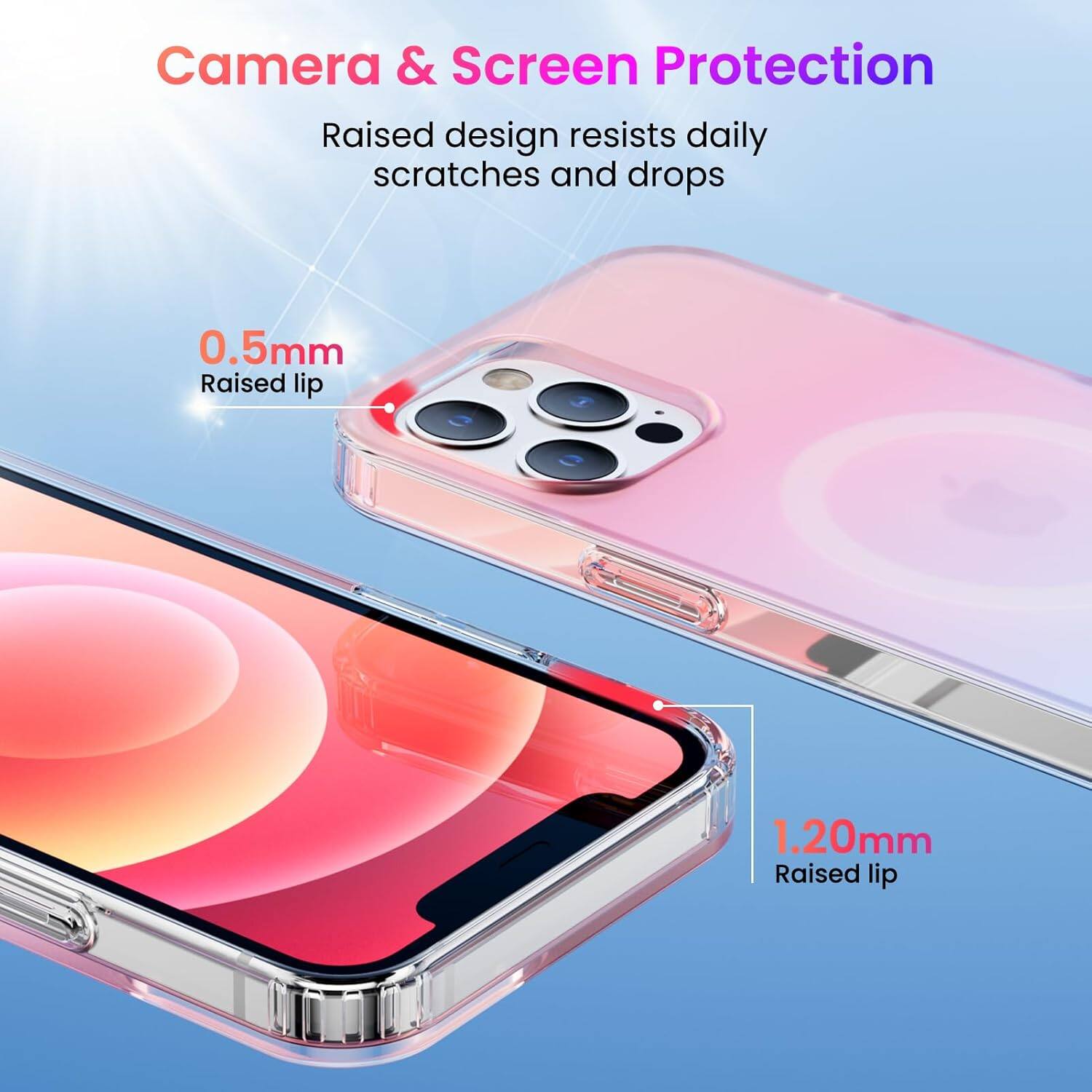 Camera & Screen Protection
Raised design resists daily scratches and drops
0.5mm Raised lip
1.20mm Raised lip