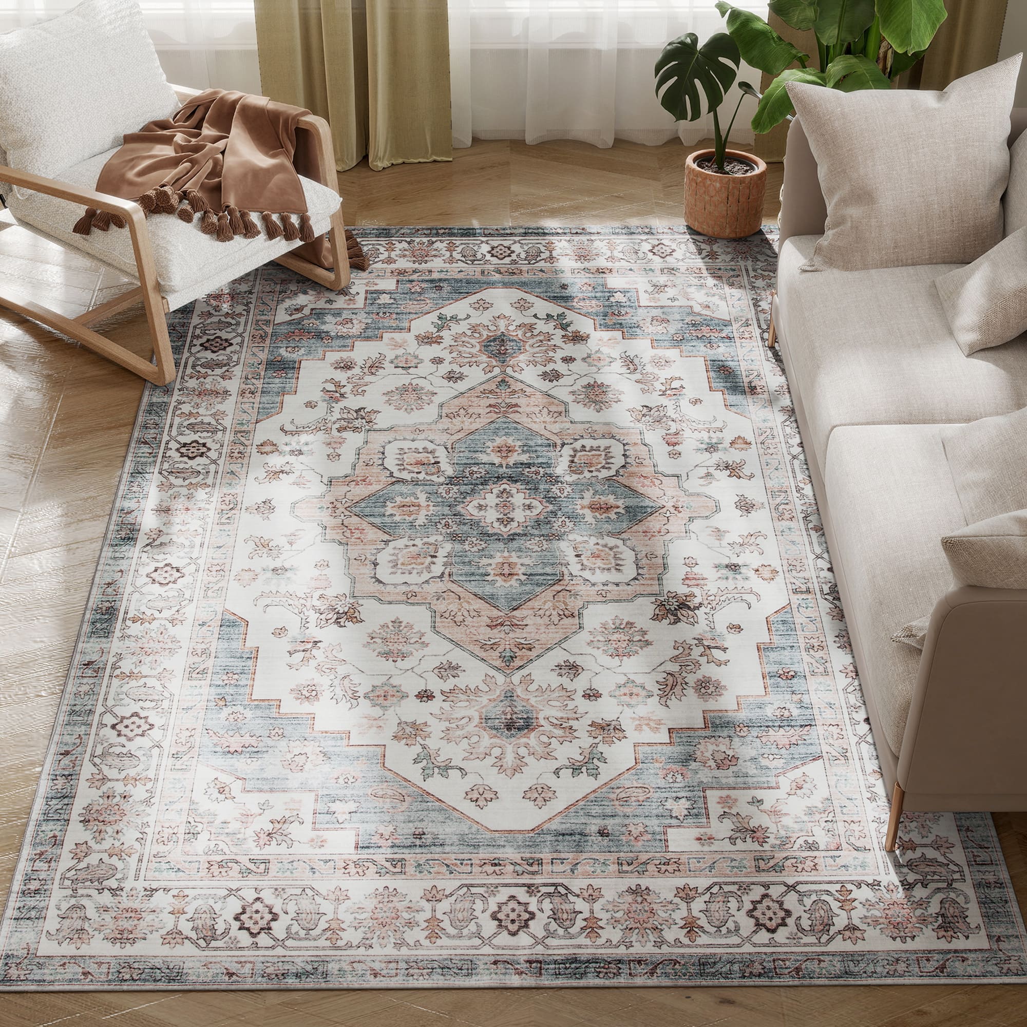 Homcom - 5x7 Distress Rug: Mach-Wash Vintage Non-Slip Light Blue Carpet, Indoor Boho Area - Brown and Light Blue