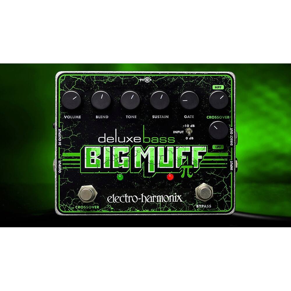 9V HPF VOLUME BLEND TONE SUSTAIN GATE CROSSOVER OUTPUT DI OUTPUT 10 ds INPUT deluxe bass BIG MUFF OUT DIRECT INPUT electro-harmonix CROSSOVER BYPASS