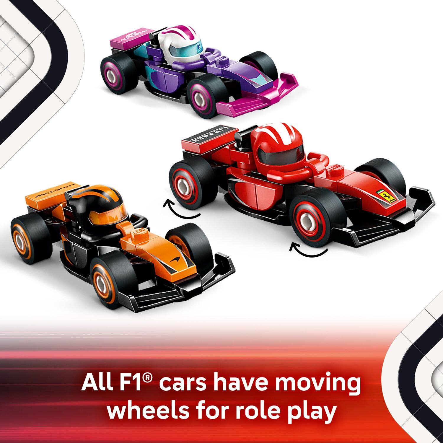 All F1 cars have moving wheels for role play.