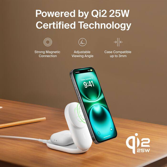 Powered by Qi2 25W Certified Technology  
Strong Magnetic Connection  
Adjustable Viewing Angle  
Case Compatible up to 3mm  
100% Charging Today, September 9:41  
sip 25W