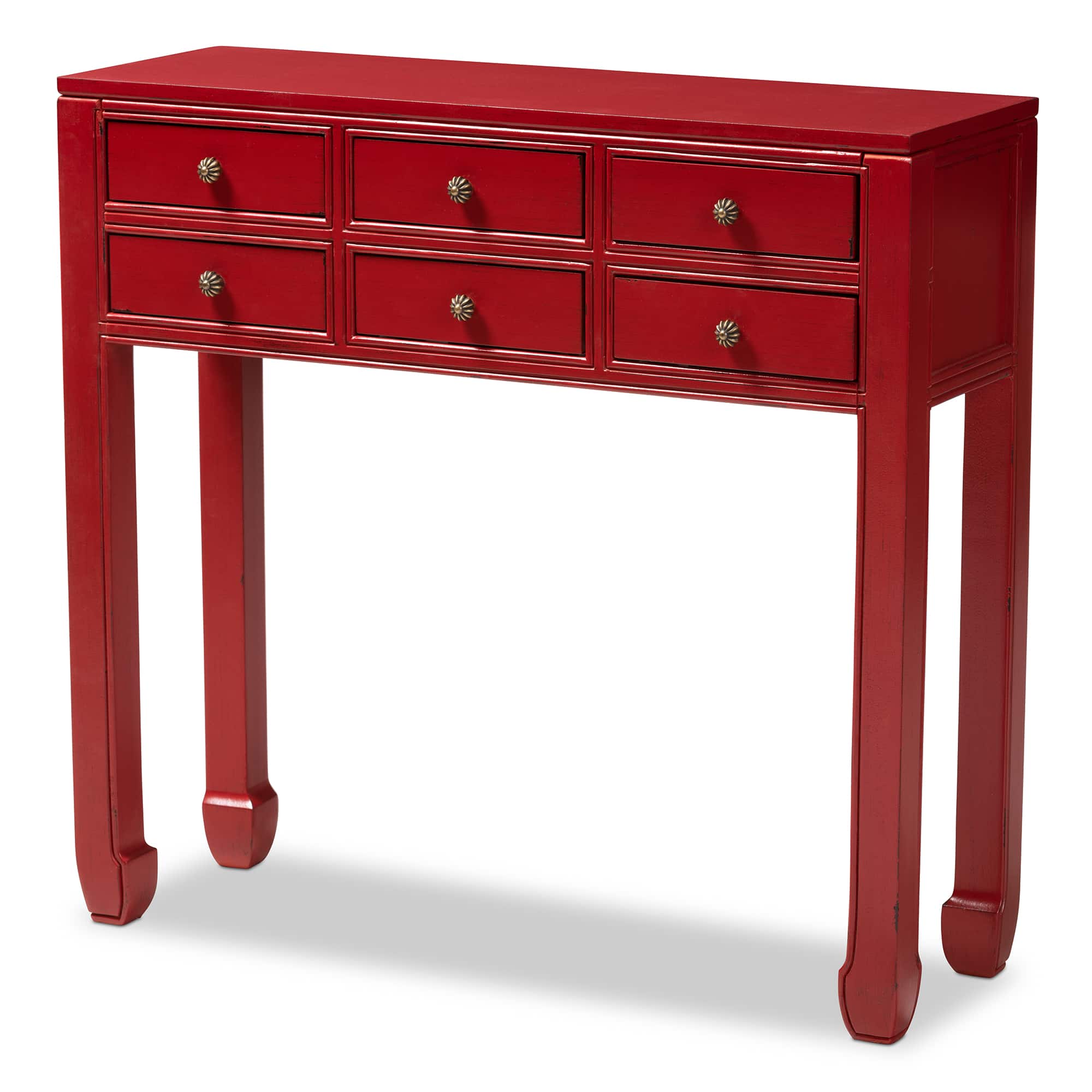 Front. Baxton Studio - Pomme Classic and Antique Finished Wood Bronze Finished Accents 6-Drawer Console Table - Red.
