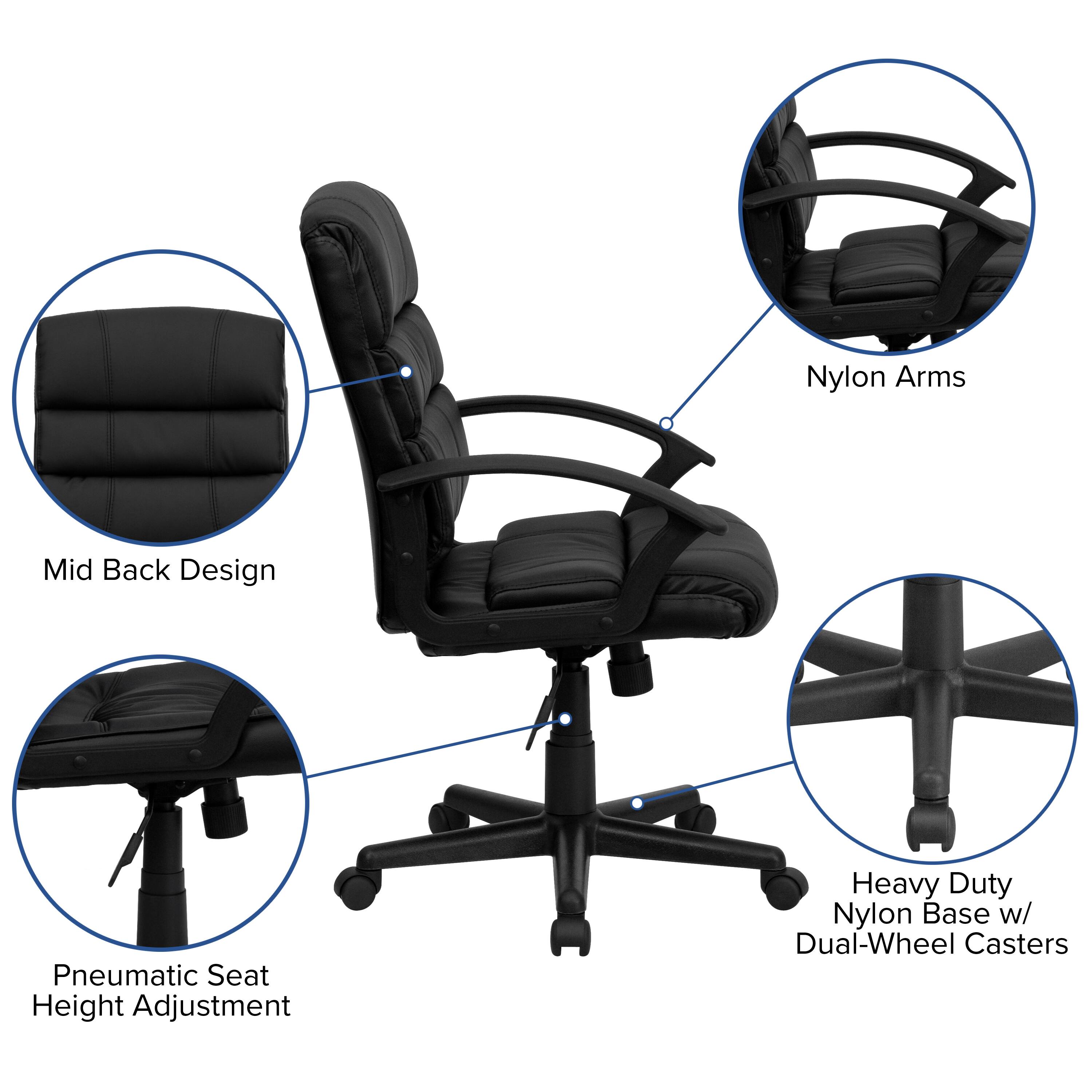 Nylon Arms  
Mid Back Design  
Pneumatic Seat Height Adjustment  
Heavy Duty Nylon Base w/ Dual-Wheel Casters