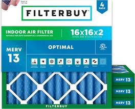Filterbuy - 16x16x2 MERV 13 Smoke & Allergy Defense, Electrostatic Pleated HVAC AC Furnace Air Filters Replacement (4-Pack) - Blue