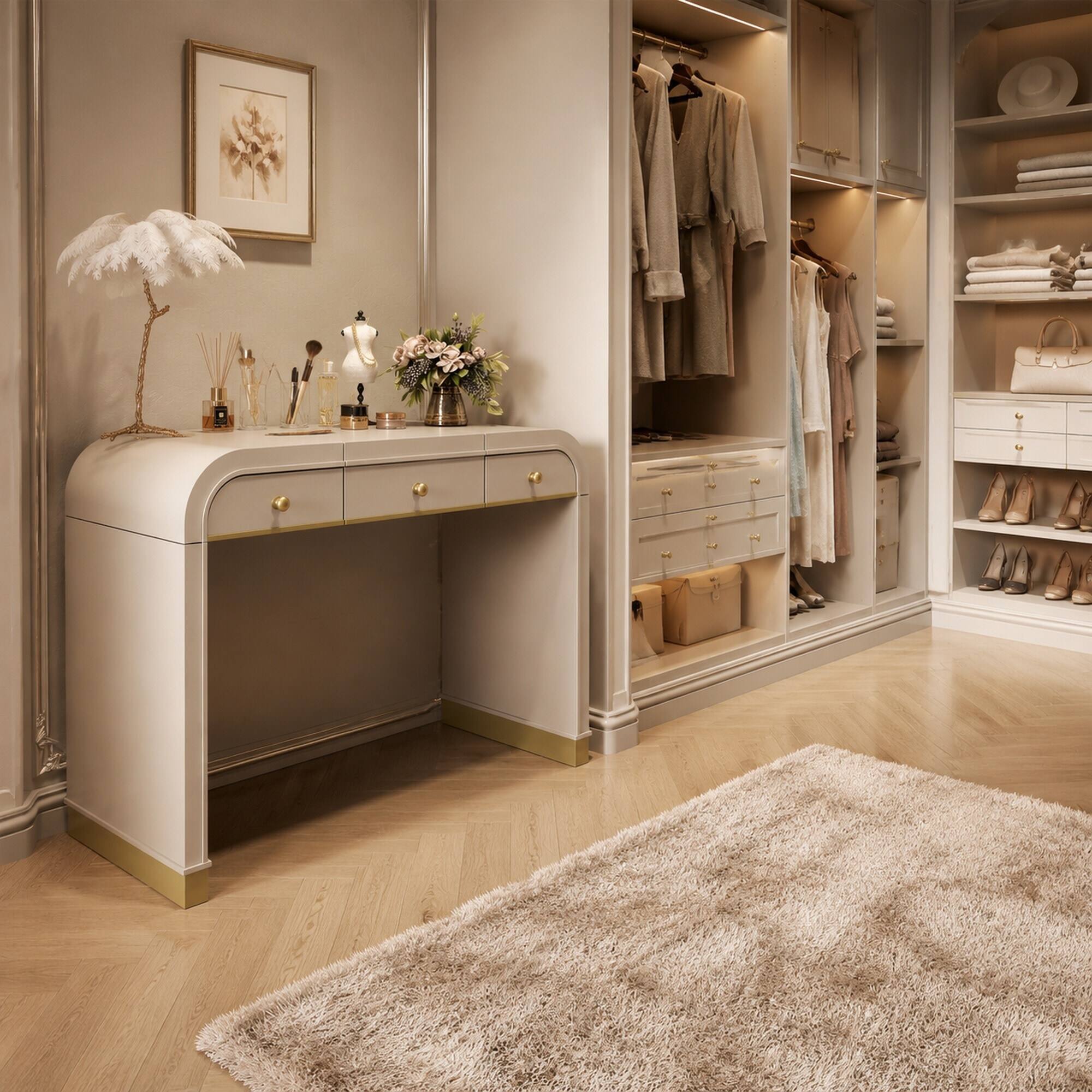 Left. RYHNUYNE - Classic Wood Vanity Desk, Flip Mirror, 3-in-1 Dressing Table, 2 Drawers, Champagne Finish, Bedroom - Champagne.