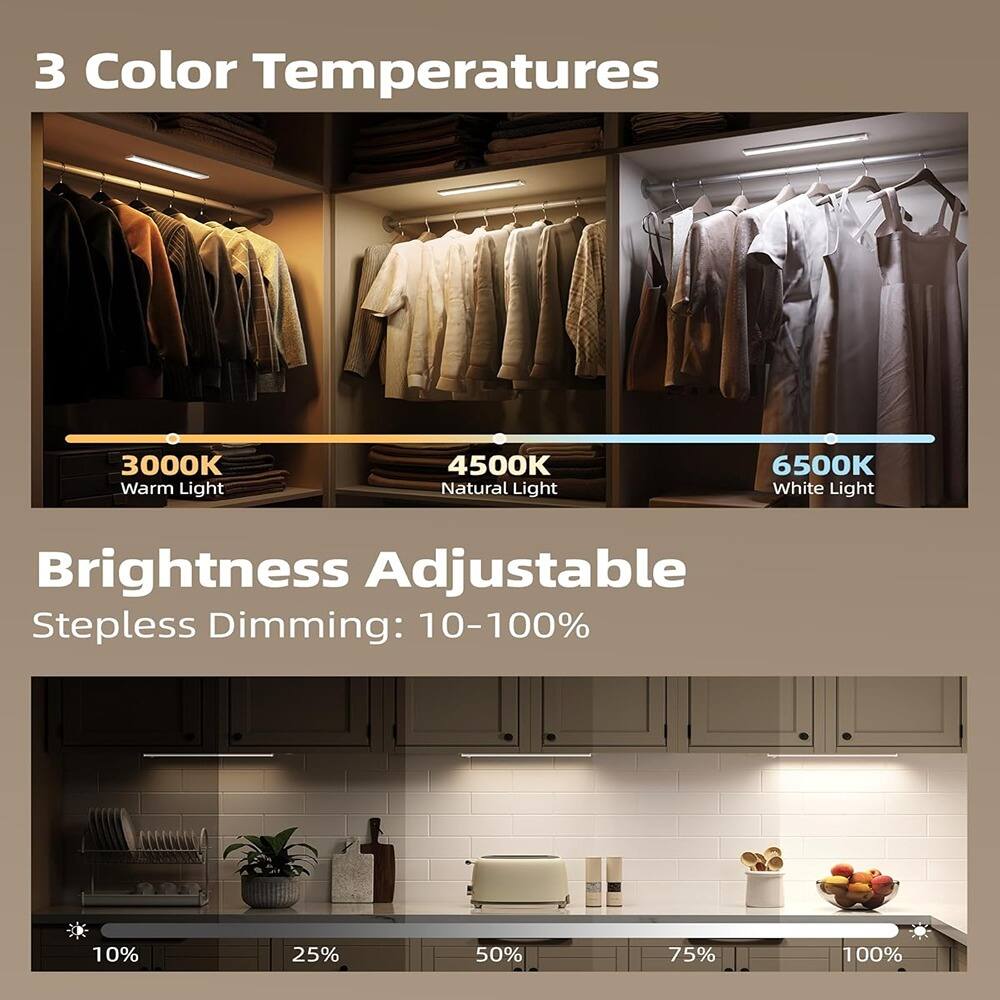3 Color Temperatures  
3000K Warm Light  
4500K Natural Light  
6500K White Light  

Brightness Adjustable  
Stepless Dimming: 10-100%  
10% 25% 50% 75% 100%